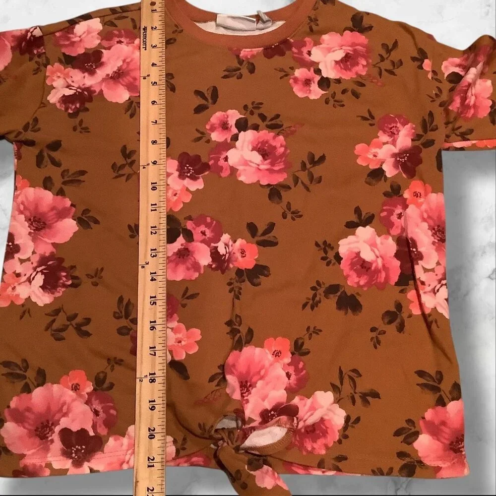 The Children's Place Girls Floral Print Fleece Tie Front Top Brown‎ Long Sleeves